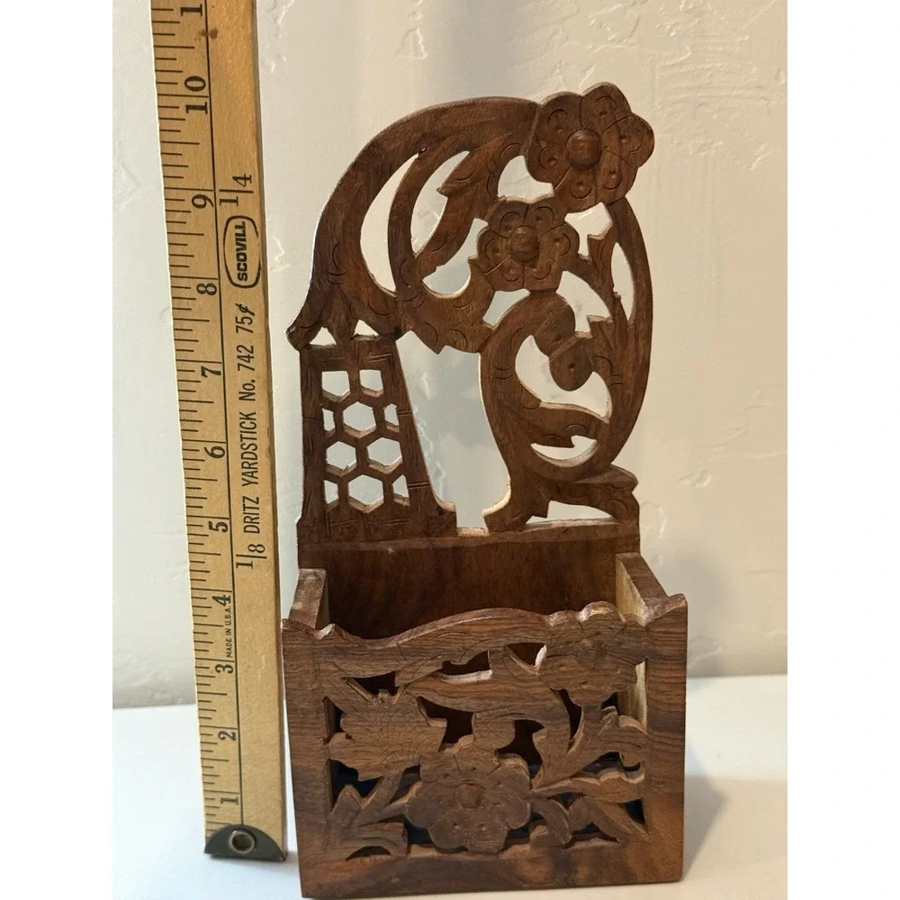 Vintage Carved Wood Wall Pocket Indian Tibetan Floral Key Box Mail‎ Holder